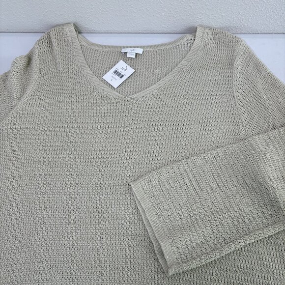 J Jill Open Knit Sweater Size L Truffle Tan V Neck Linen Blend Lagenlook NWT - Picture 12 of 13